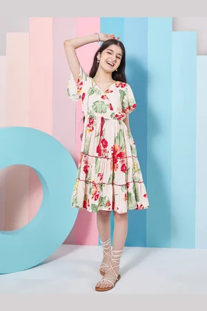 pspeaches Girls Floral Printed Flared Sleeves Tiered Fit & Flare Dress