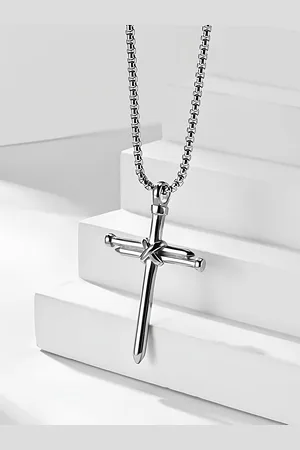 KARISHMA KREATIONS Men Set Of 2 Silver Plated Lord Jesus Cross & Arrow Pendant With Chain
