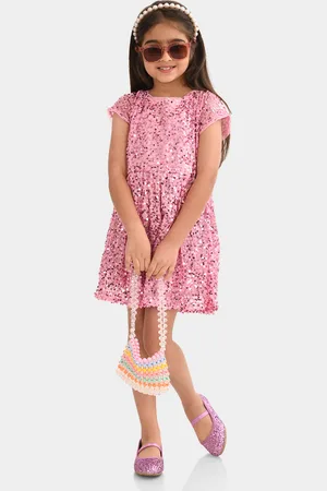 BONKIDS Girls Floral Printed Round Neck Cap Sleeves Fit & Flare Dress