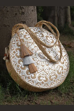 Anekaant Sisal Beige Mandala Jute Tote Bag With Tassels