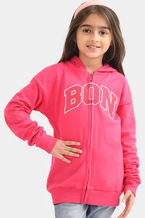 BONKIDS Girls Typography Printed Hooded Front-Open Sweatshirt