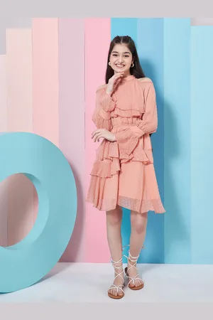 pspeaches Girls Self Design Halter Neck Bell Sleeves Cut Out Layered Ruffled A-Line Dress