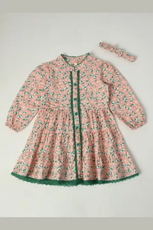 Bella Moda Girls Floral Print Cotton Cuffed Sleeves Fit & Flare Dress