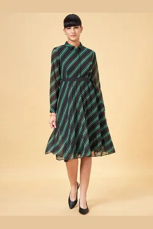 Pantaloons Striped Shirt Collar Long Sleeves Belted A-Line Dress