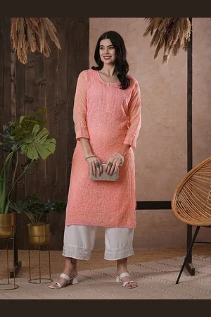 ADAM Co. Women Peach-Coloured Chikankari Hand Embroidered Straight Kota Handloom Kurta With Matching Slip