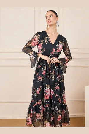 Styli Floral Printed Tie Up Tiered Fit & Flare Midi Dress