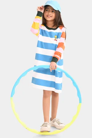 BONKIDS Girls Striped Round Neck Cotton T-shirt Dress