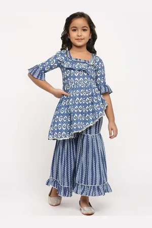GUFRINA Girls Floral Printed Pleated Asymmetric Hem Kurti with Sharara