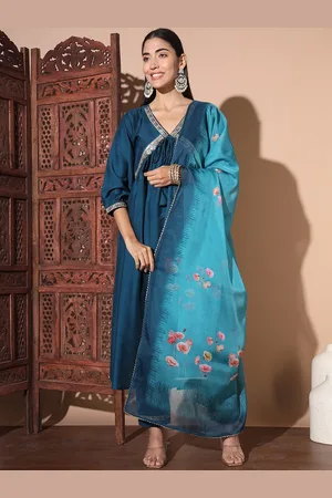 GUFRINA Floral Embroidered Empire Sequinned Pure Silk Kurta with Trousers & Dupatta