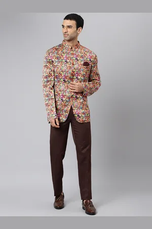 Hangup Men Brown Printed Two-Piece Mandarin Collar Single Breasted Party Suit