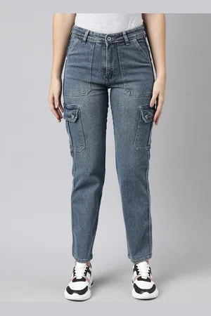 SHOWOFF Women Jean Straight Fit Clean Look Light Fade Stretchable Cargo Jeans