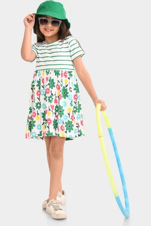 BONKIDS Girls Floral Printed Round Neck Cotton Fit & Flare Dress