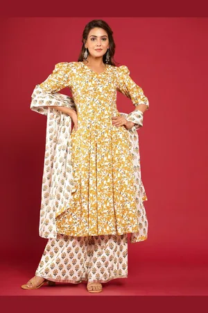 CRAFTED FOR YOU Women Yellow Ethnic Printed Pure Cotton Kurta with Palazzo & Dupatta Set