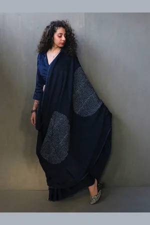 Chidiyaa Blue & White Block Print Pure Silk Saree