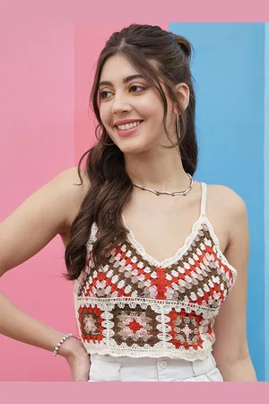 ATHENA Red Self Design Shoulder Straps Cotton Crochet Bralette Crop Top