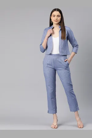 Cottinfab Women Striped Mandarin Collar Two-Piece Suit