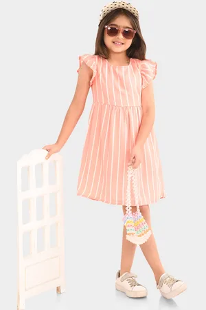 BONKIDS Girls Striped Flutter Sleeve Flared Cotton A-Line Dress