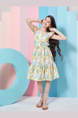 pspeaches Girls Floral Print Square Neck Flutter Sleeves Fit & Flare Dress