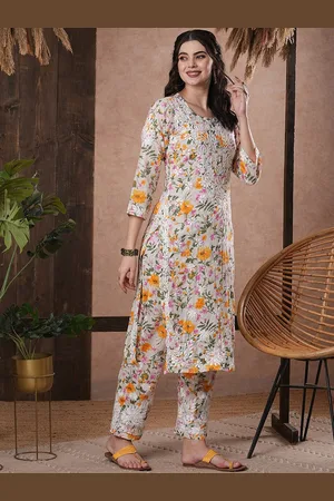 ADAM Co. Floral Printed Round Neck Regular Lucknowi Chikankari Kurta with Trousers