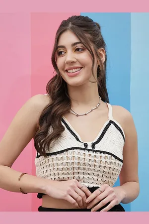 ATHENA White Self Design Shoulder Straps Cotton Crochet Bralette Crop Top