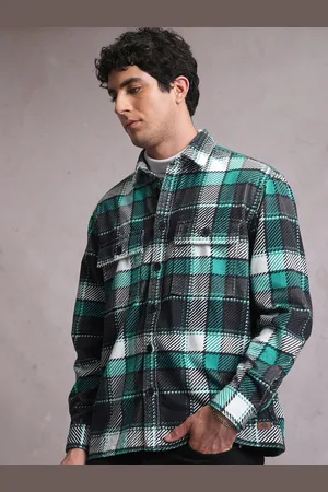 LocoMotive Men Aqua Corduroy Checked Utility Pocket Overshirt