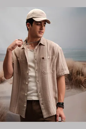 LocoMotive Premium Waffle Dobby Textured Striped Utility Pocket Oversized Flannel Shirt