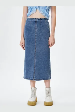 Koton Washed Straight Midi Denim Skirt
