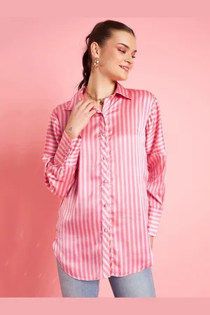 Antheaa Pink Vertical Stripes Long Sleeves Satin Shirt Style Top