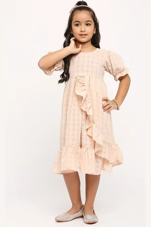 GUFRINA Girls Checked Puffed Sleeves Ruffled Fit & Flare Midi Dress