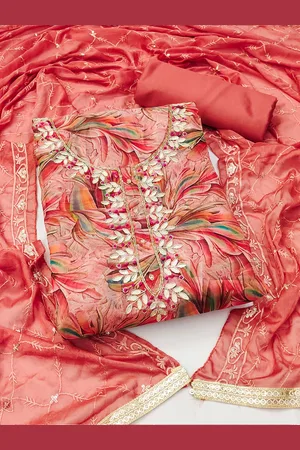 MANVAA Floral Printed Beads And Stones Organza Unstitched Dress Material