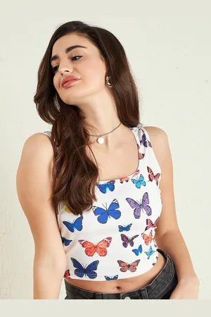 Berrylush Printed Round Neck Sleeveless Crop T-shirt