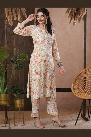 ADAM Co. Floral Printed Round Neck Regular Lucknowi Chikankari Kurta with Trousers