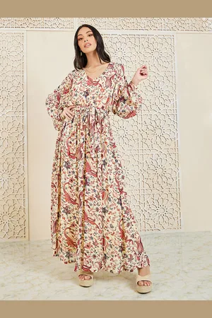 Styli Ethnic Motifs Printed Bishop Sleeves Tie Up Maxi Dress