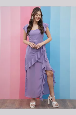 ATHENA Lavender Square Neck Flutter Sleeves Ruffled Detailed Maxi Dress