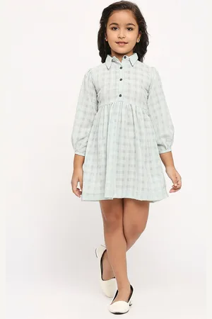 GUFRINA Girls Checked Shirt Collar Puff Sleeves Gathered Detailed Fit & Flare Dress