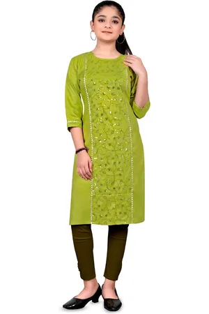 BAESD Girls Floral Sequined Embroidered Round Neck Straight Kurta