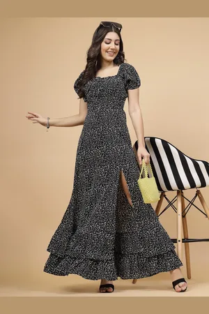 RAASSIO Polka Dots Printed Square Neck Maxi Dress