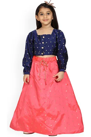 KiddoPanti Girls Navy Blue & Pink Embellished Ready to Wear Lehenga Choli