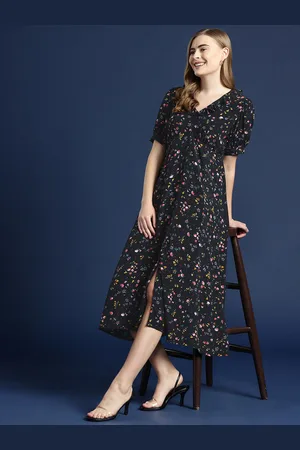 Mast & Harbour Floral Print Puff Sleeve Ruffled A-Line Midi Dress