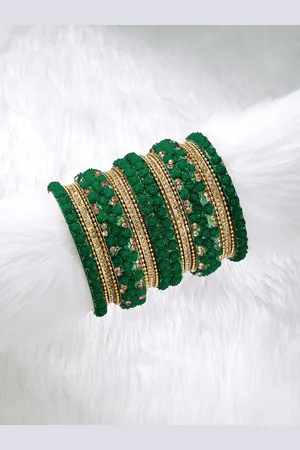 Peora Set of 18 Green Gold Plated Bridal Floral Chuda Bangles