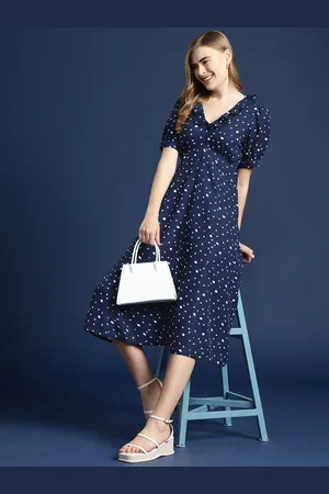 Mast & Harbour Printed Puff Sleeve Ruffled A-Line Midi Dress