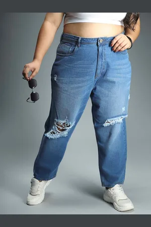 High Star Women Plus Size Mom Fit Ripped High-Rise Pure Cotton Jeans