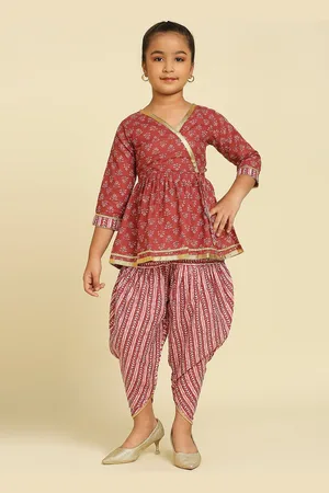 GUFRINA Girls Floral Printed Angrakha Top with Dhoti Pants