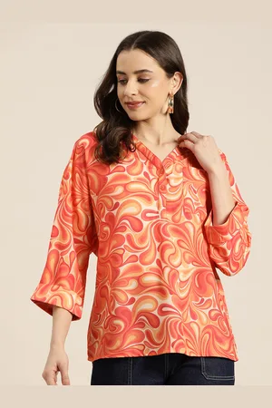 HERE&NOW Abstract Print Mandarin Collar Chest Pocket Detailed Shirt-Style Top