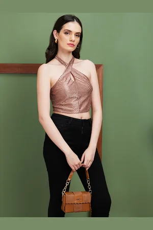 Globus Brown Self Design Halter Neck Net Crop Top