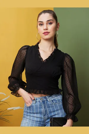 Globus Women Black Casual V-Neck Crop Top