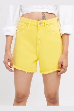 FREAKINS Women High-Rise Frayed Pure Cotton Denim Shorts