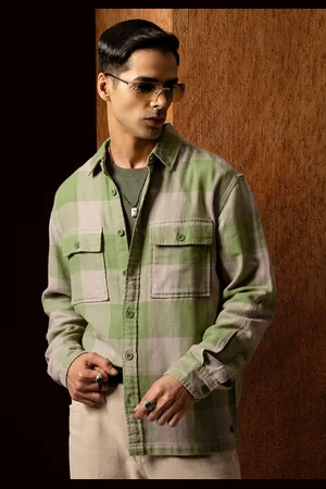 LocoMotive Premium Men Green Oversized Oxford Dobby Textured Checked Overshirt