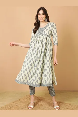 Antaran Ethnic Motifs Printed Pleated Sequined A-Line Pure Cotton Kurta with Trousers