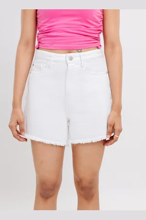 FREAKINS Women High-Rise Frayed Pure Cotton Denim Shorts